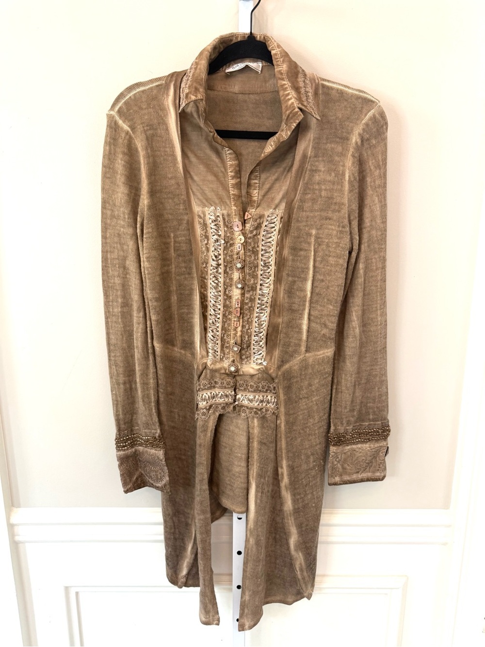 Elisa Cavaletti Embellished Tunic Cardigan Top Taupe Knit Size L